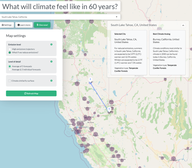 Map of projected climate if emissions are reduced